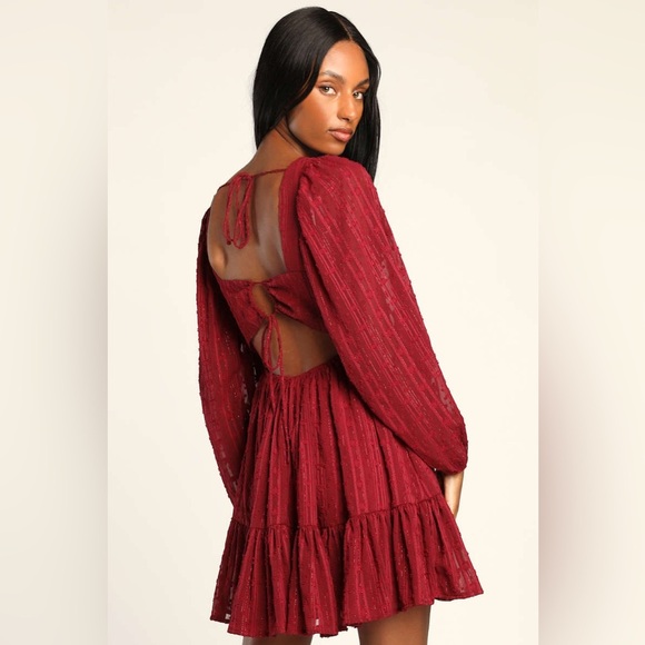 Only You and I Burgundy Long Sleeve Tie-Back Mini Skater Dress - Picture 2 of 7